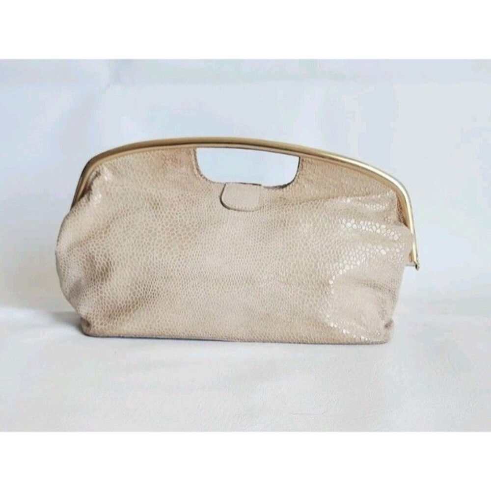 HOBO Handbag Purse Clutch Shiny Tan Gold Trim Party Tote Bag Snake Print Metalic